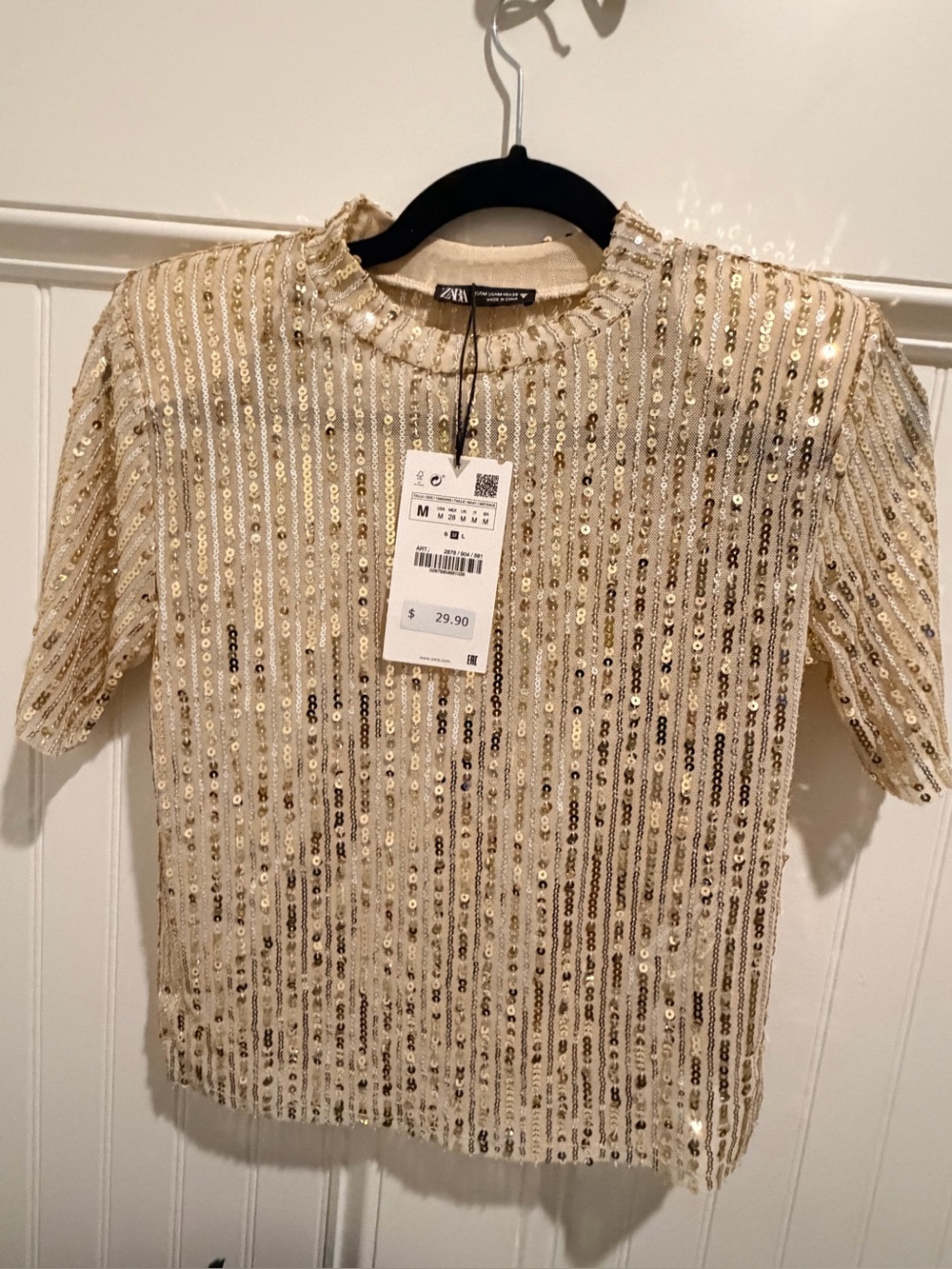 Zara Cream Sequin Short-Sleeve Top